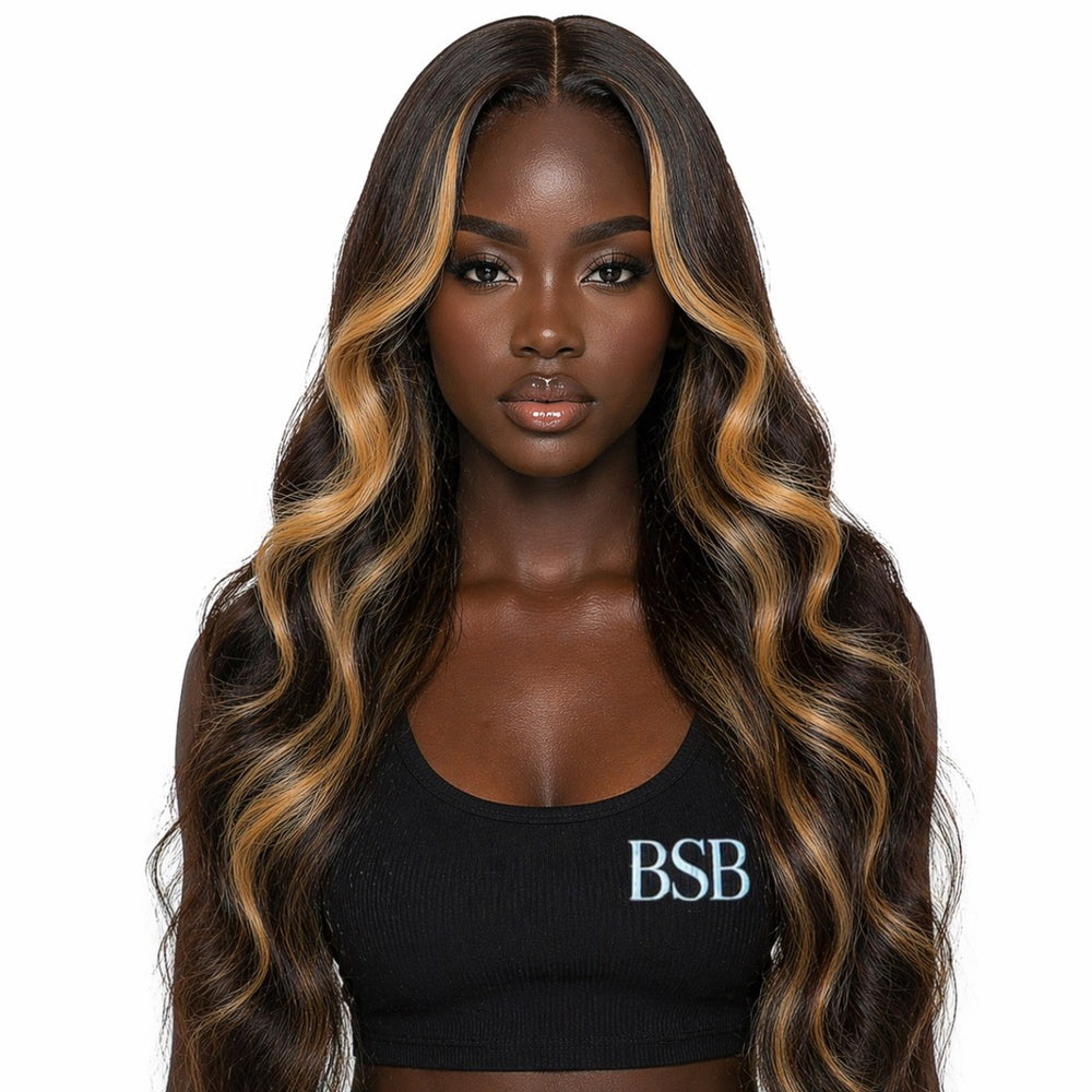 Highlight Ombre 24 Inch Body Wave 13x4 Lace Front Human Hair Wig Pre Plucked 1B/30 Brown 180% Density