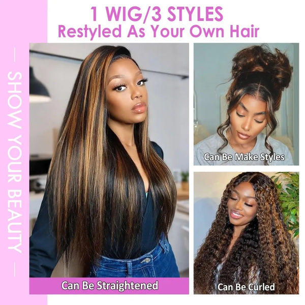Highlight Ombre 24 Inch Body Wave 13x4 Lace Front Human Hair Wig Pre Plucked 1B/30 Brown 180% Density