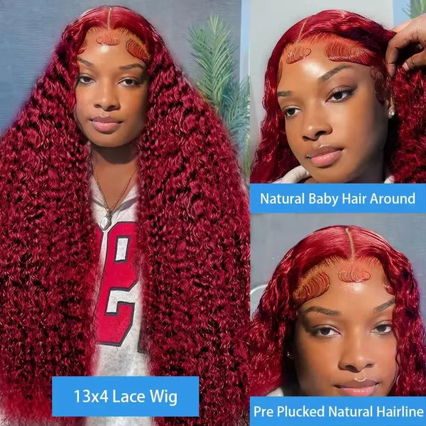 26 Inch Burgundy 13x6 HD Lace Frontal Wig Water Wave 99J Red Remy Human Hair Wig 180% Density For Women