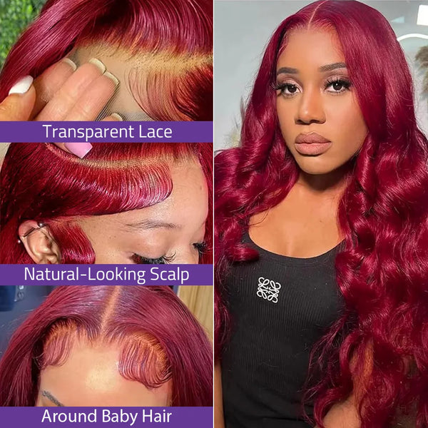 13x4 HD Lace Front 99J Burgundy Body Wave Human Hair Wig 200% Density 34 Inch